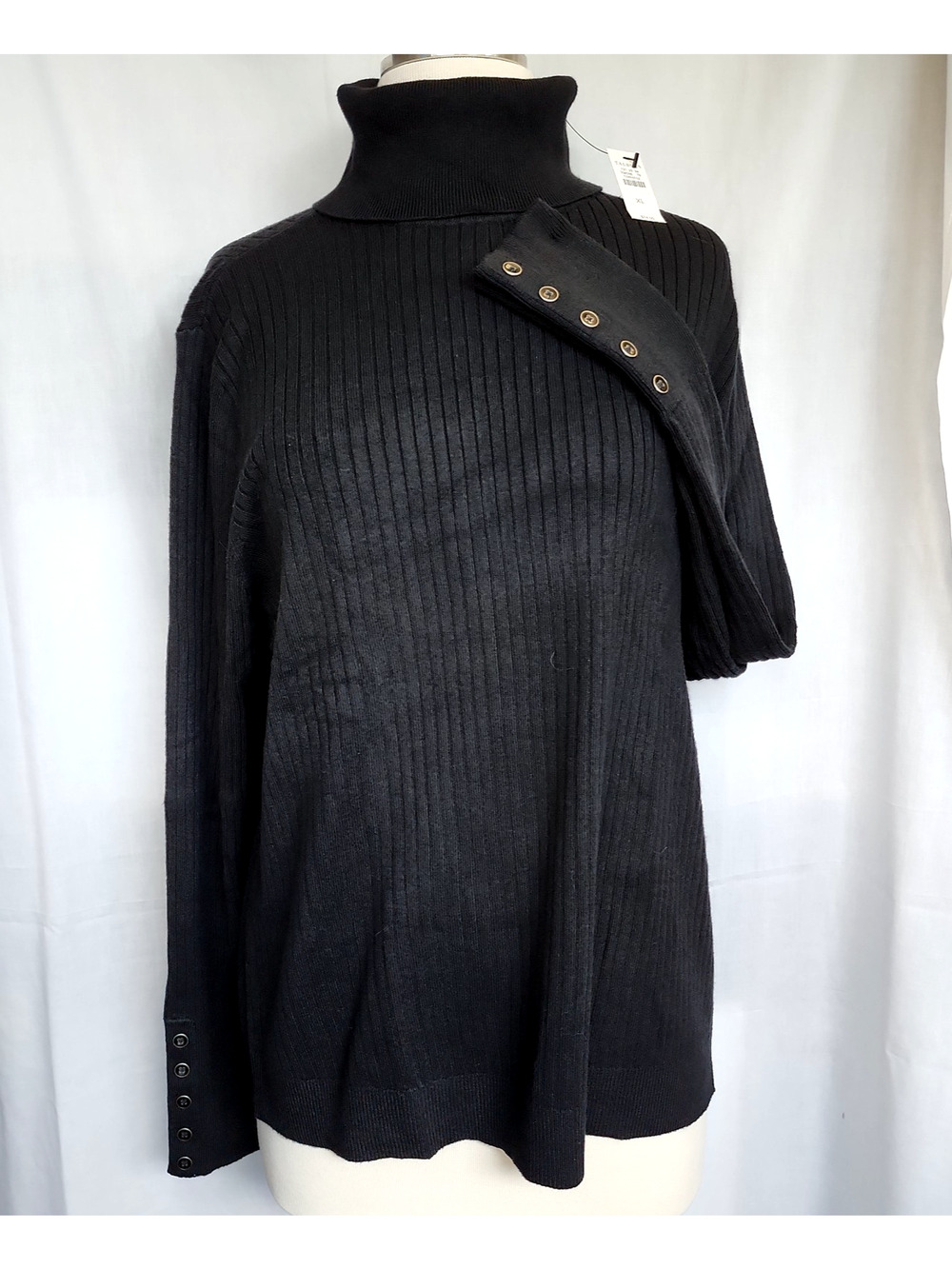 NWT Womens‎ Talbots XL Black Ribbed Knit Turtleneck Button Cuff Cotton Blend